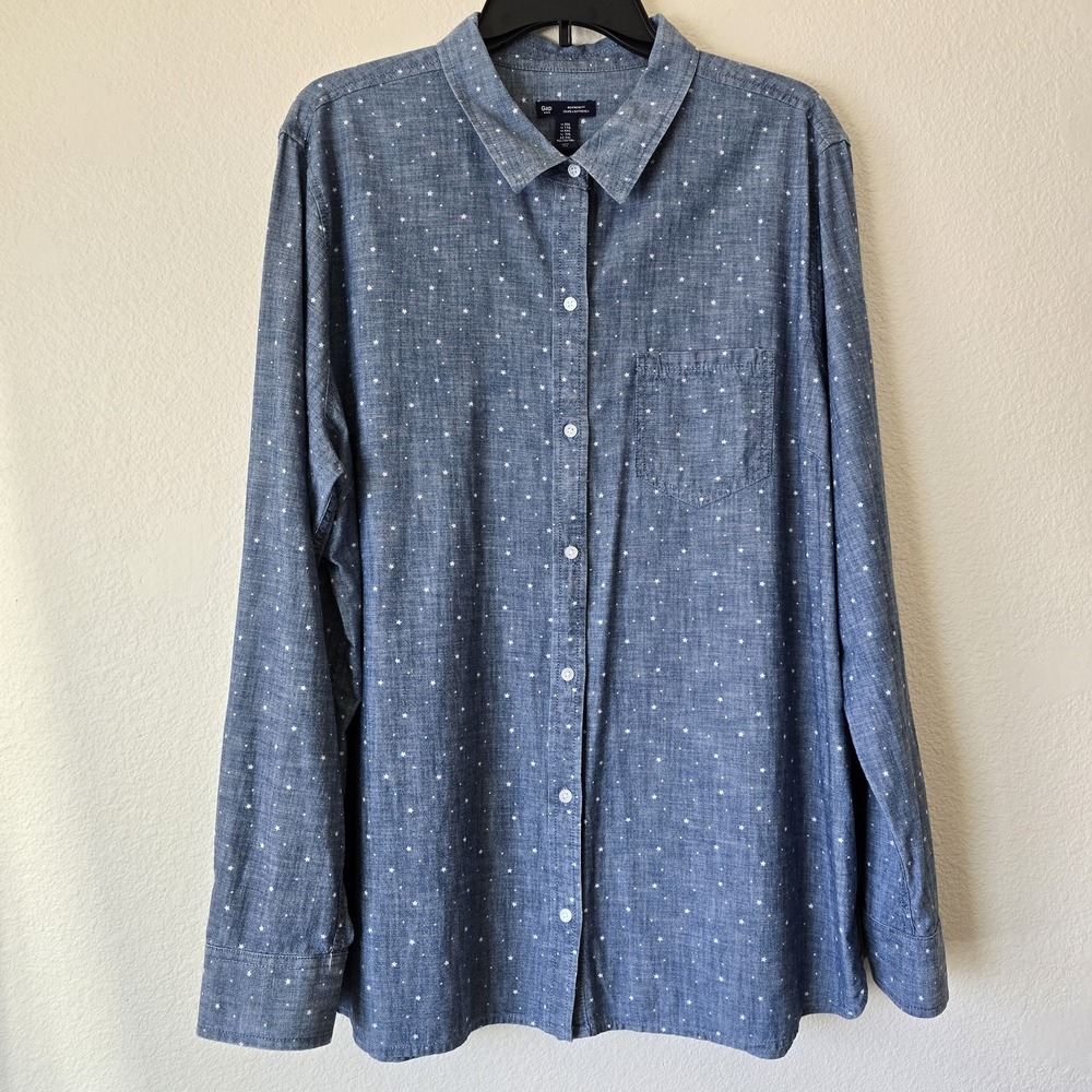 Gap Women 2XL Star Button Down Chambray Boyfriend Fit Shirt 100% Cotton Pocket - Picture 1 of 6